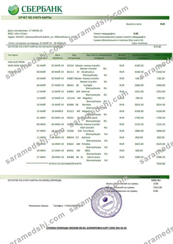 Russia Sberbank bank statement template in Word and PDF format
